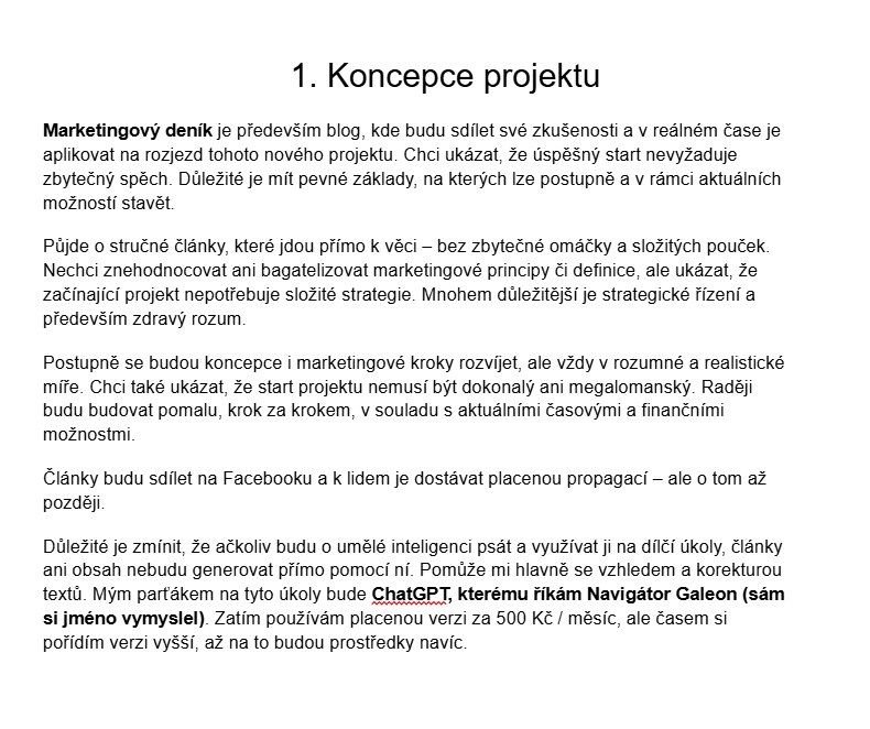Koncepce projektu marketingový deník