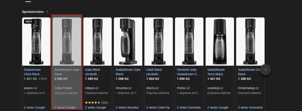 Screen ukazuje srovnání Sodastreamu s předraženou cenou oproti trhu. je to obrázek pro Marketingový deník do článku k cenotvorbě vzhledem k trhu.